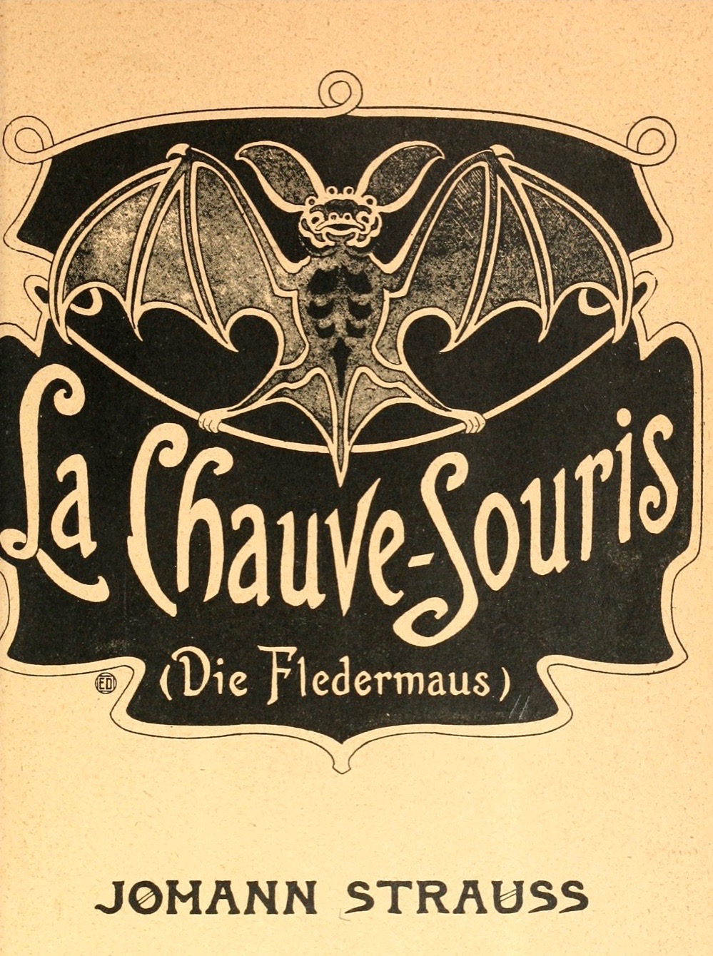 Title page of the opera Die Fledermaus. Artistic illustration of a bat with text La Chave Souris Die Fledermaus.