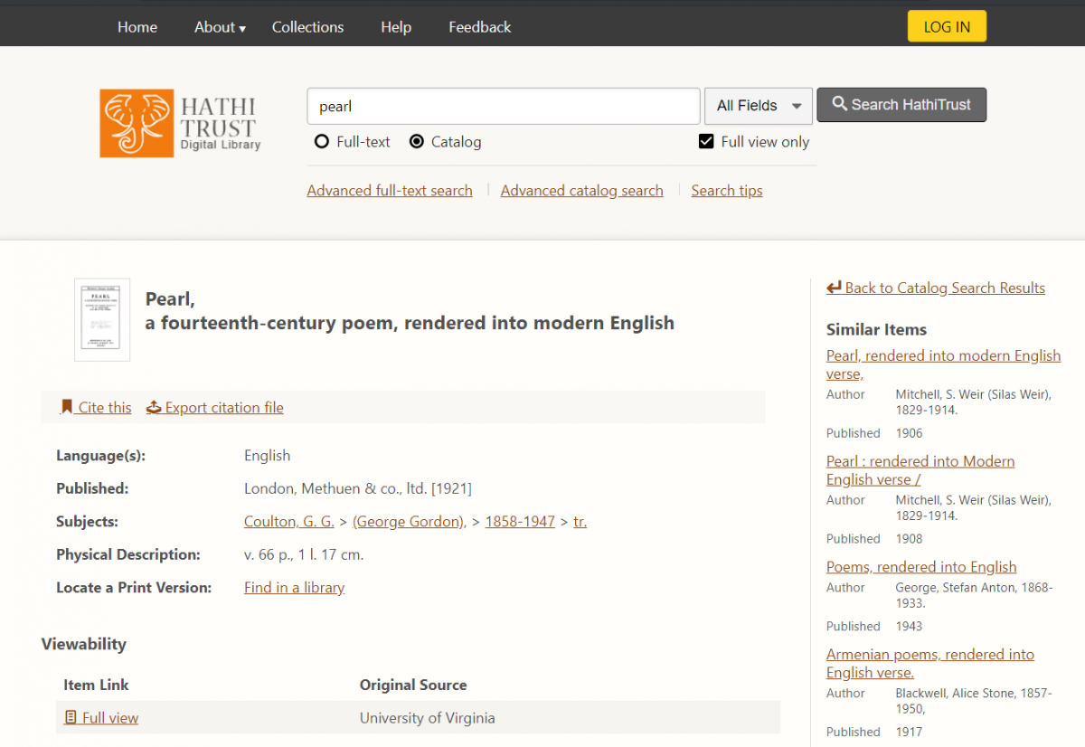 Screenshot of a catalog record for “Pearl, a 14th Century poem” in the updated site. The Similar Items have been moved from the left side to the right side. Books listed in this section will be detected by a screen reader after the book description and all item links.