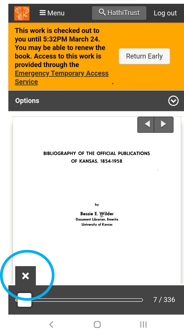 The title page of the book, “Bibliography of the official publications of Kansas,” displays in the center of the page. A blue circle is drawn around the X in the bottom left corner, indicating where to tap. 