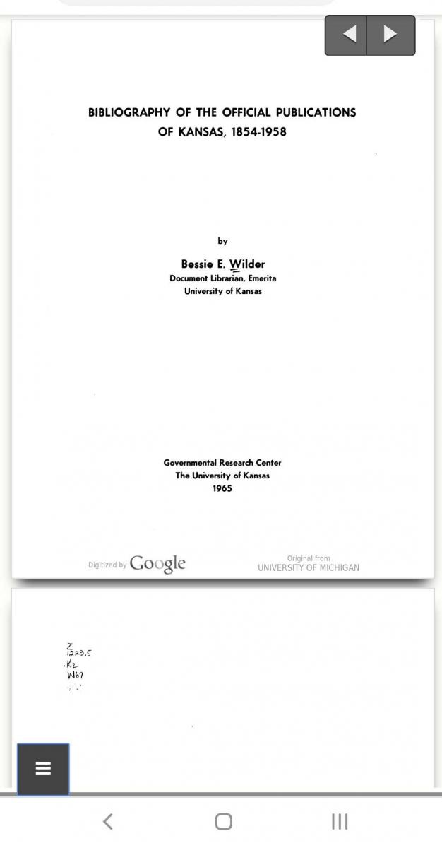 Screenshot of the mobile website. The pages of the book, “Bibliography of the Official Publications of Kansas,” displayed in a clean interface. 