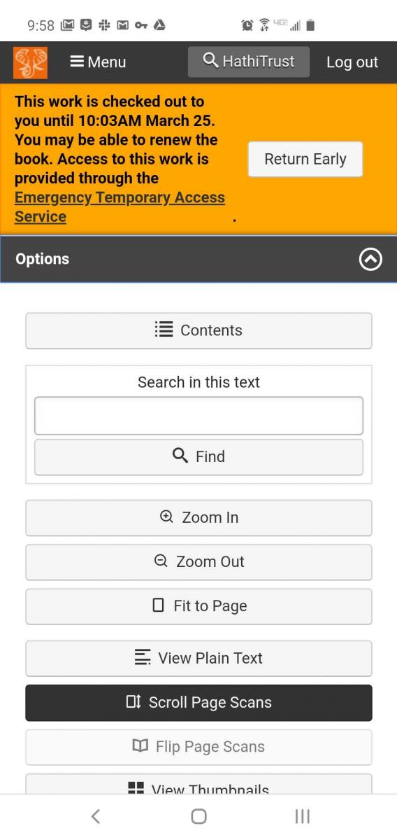 The Options menu has been expanded to show the top of the list, including options to view the contents, search in this text, zoom in or out, fit to page, view plain text, scroll page scans, flip page scans, and view thumbnails. Other options are available if the user scrolls down.