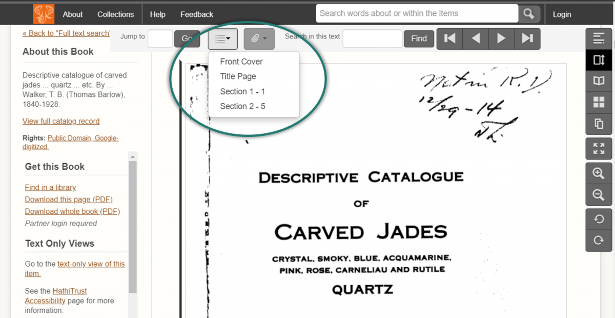 Screenshot of the book “Descriptive Catalogue of Carved Jades” in the old site. The dropdown menu for the Jump To Section is barely distinguishable against the underlying page.