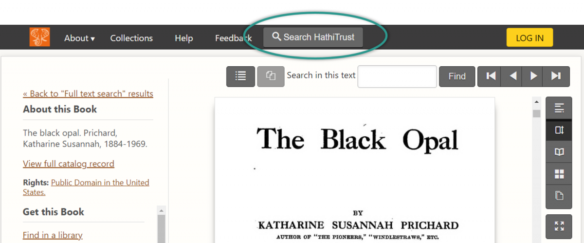 Screenshot of a book “The Black Opal” in the updated site, which features a “Search HathiTrust” button in the header menu. 