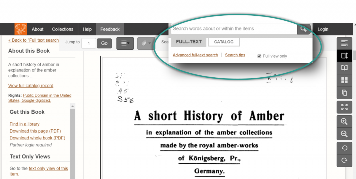 Screenshot of a book “A Short History of Amber” in the previous site. When a user clicks into the search field, a quasi-popup appears below the field with more functions that a user can select. 