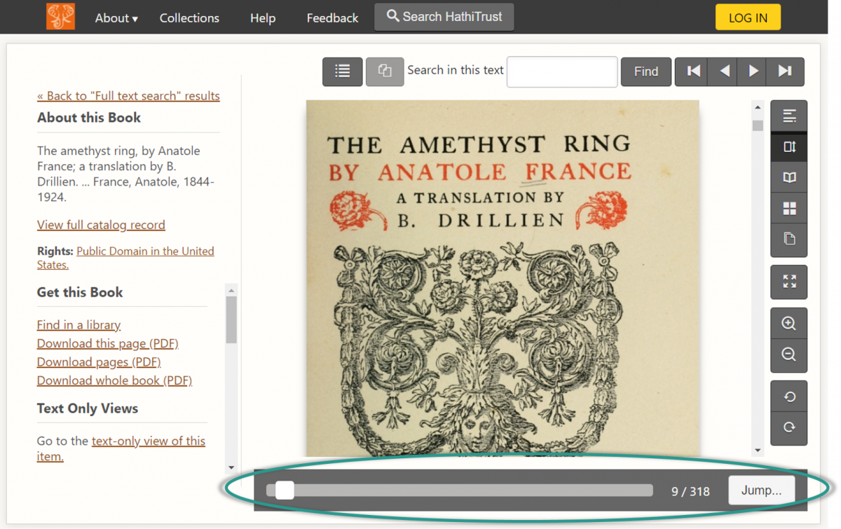 Screenshot of the book “The Amethyst Ring” by Anatole France in the updated site. New page features include a prominent scroll bar, a page number that indicates which page you’re on and how many total pages are in the book, and a button that reads “Jump”.
