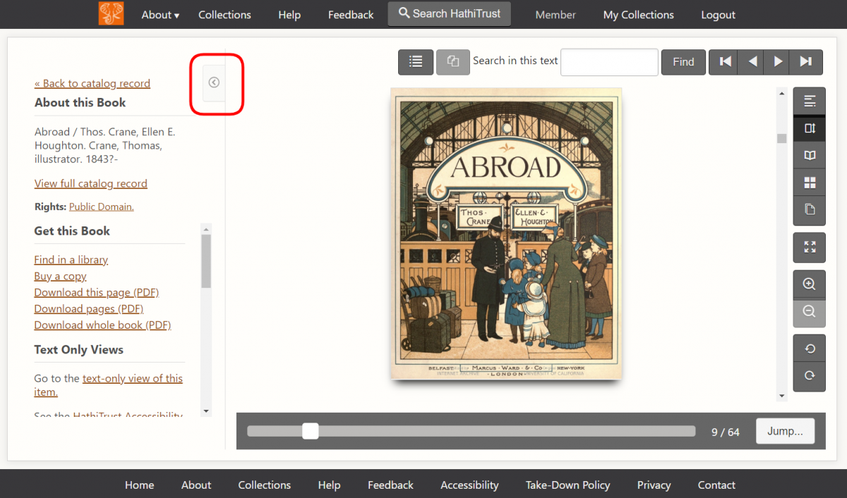 Screenshot of the title page from the book Abroad, by Thomas Crane and illustrated by Ellen Houghton, in the HathiTrust book display interface. The title page is a beautifully illustrated image of a train station. A mother and her five young children, dressed in Victorian style, are talking to a ticketing agent. Their baggage waits to the side, and two trains are depicted in the background. The book display is the default display, with a red box around the sidebar collapse button.